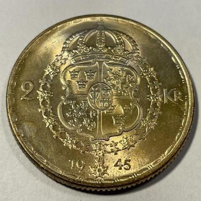 Sweden 1945-G Uncirculated Toned 2 Kronor Silver Coin KM#815 as Pictured.