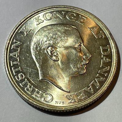Scarce Denmark 1945-H 2-Kroner Danish Silver Coin Commemorating Christian X King's Birthday in Nice Uncirculated Condition,
