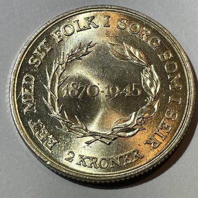 Scarce Denmark 1945-H 2-Kroner Danish Silver Coin Commemorating Christian X King's Birthday in Nice Uncirculated Condition,