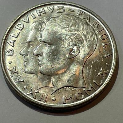 BELGIUM SILVER 50 FRANCS 1960 - King Baudouin's Marriage to Doña Fabiola de Mora y Aragon in Uncirculated Condition.