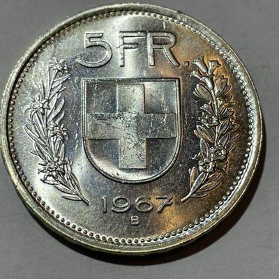 Switzerland 1967-B Uncirculated Condition 5 Francs Silver Coin as Pictured.