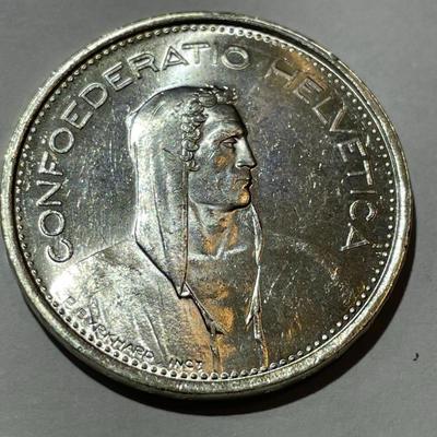 Switzerland 1967-B Uncirculated Condition 5 Francs Silver Coin as Pictured.