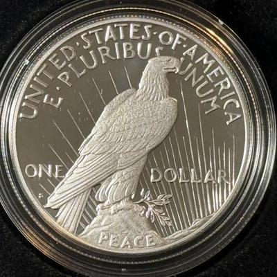 2023-S PROOF PEACE SILVER DOLLAR IN ORIGINAL BOX W/PAPERWORK AS PICTURED.