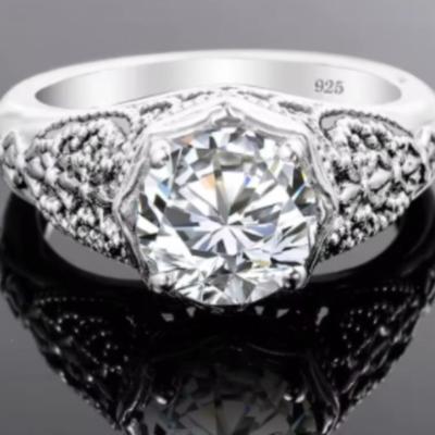 Art Deco European Ring 925 Sterling High Carbon Diamond Round Cut