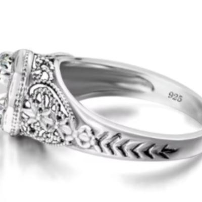 Art Deco European Ring 925 Sterling High Carbon Diamond Round Cut