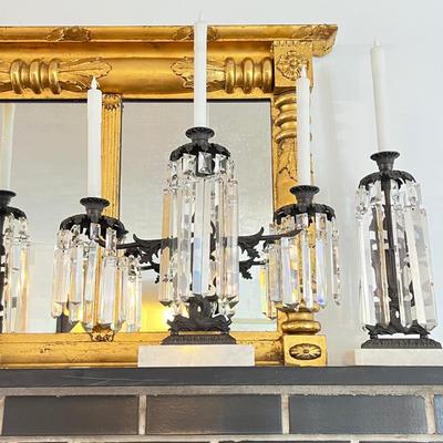 3 Crystal Girandole Candleholders - Prisms, Brass, Marble