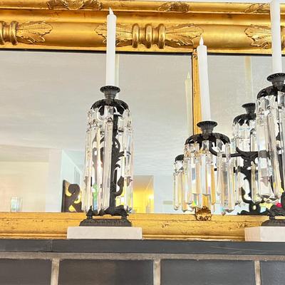 3 Crystal Girandole Candleholders - Prisms, Brass, Marble