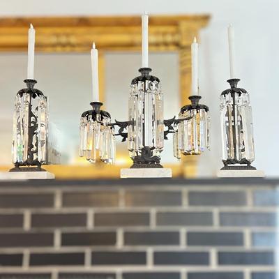 3 Crystal Girandole Candleholders - Prisms, Brass, Marble