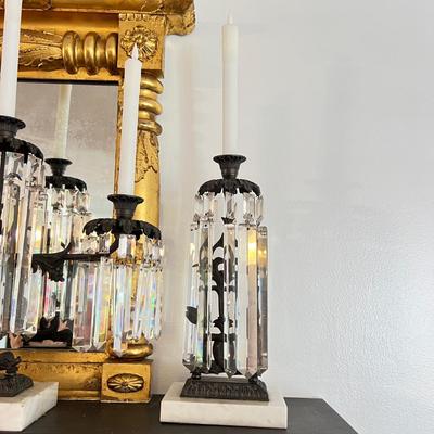 3 Crystal Girandole Candleholders - Prisms, Brass, Marble