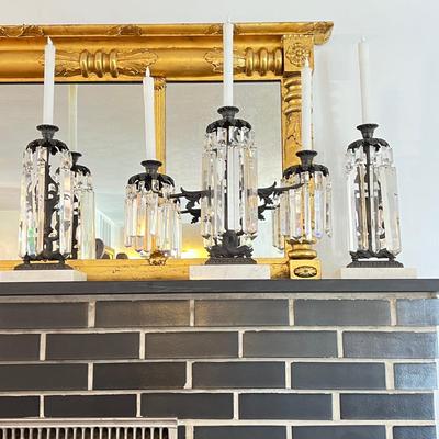 3 Crystal Girandole Candleholders - Prisms, Brass, Marble