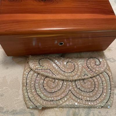 Beaded purse and wood jewelry box