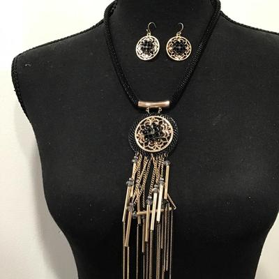 Black, mesh statement, necklace, and earring set