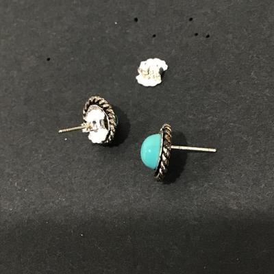 Cute Silver tone faux turquoise 925 sterling post stud earrings and backs