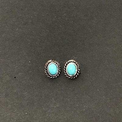 Cute Silver tone faux turquoise 925 sterling post stud earrings and backs
