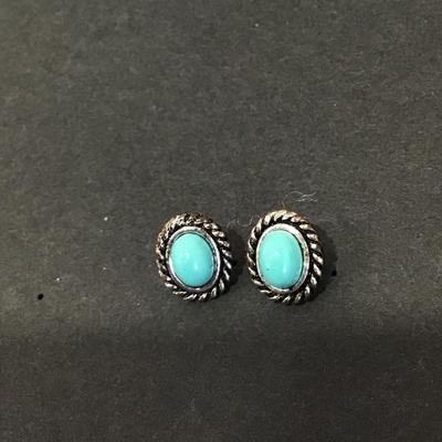 Cute Silver tone faux turquoise 925 sterling post stud earrings and backs