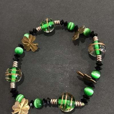 Vintage glass lucky charm green moon glow stretch bracelet