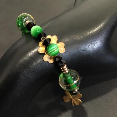 Vintage glass lucky charm green moon glow stretch bracelet
