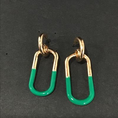 Very nice gold tone Green enamel paper clip dangle earrings