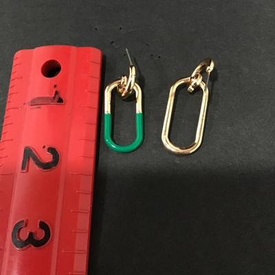 Very nice gold tone Green enamel paper clip dangle earrings