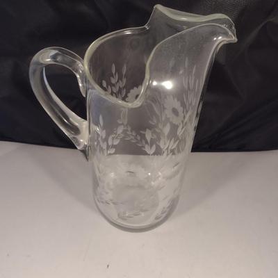 Crystal/Glass Pitcher with Etched Floral Design- Approx 11" Tall