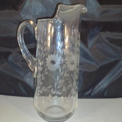 Crystal/Glass Pitcher with Etched Floral Design- Approx 11" Tall