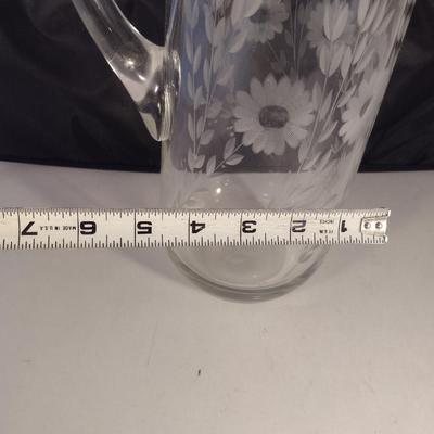Crystal/Glass Pitcher with Etched Floral Design- Approx 11" Tall