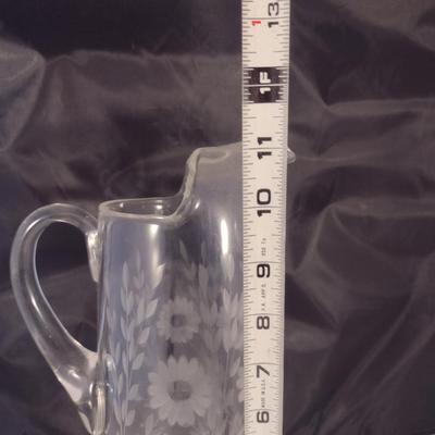 Crystal/Glass Pitcher with Etched Floral Design- Approx 11" Tall