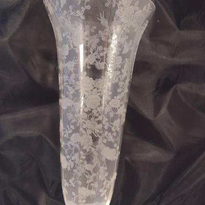 Tall Crystal/Glass Vase with Etched Floral Design and Keyhole Stem- Possibly Cambridge- Approx 12" Tall