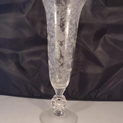 Tall Crystal/Glass Vase with Etched Floral Design and Keyhole Stem- Possibly Cambridge- Approx 12" Tall