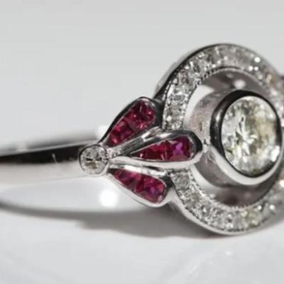 Antique Ruby Art Deco High Carbon Diamond Statement Ring