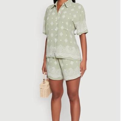 Small Two Piece Set Crepe Knit Bandana Print Shirt/Shorts - Sage