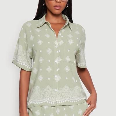 XL Two Piece Set Crepe Knit Bandana Print Shirt/Shorts - Sage