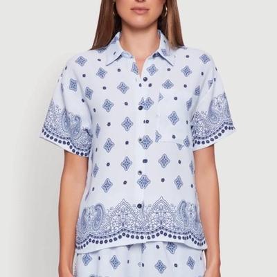 XL Two Piece Set Crepe Knit Bandana Print Shirt/Shorts - Blue