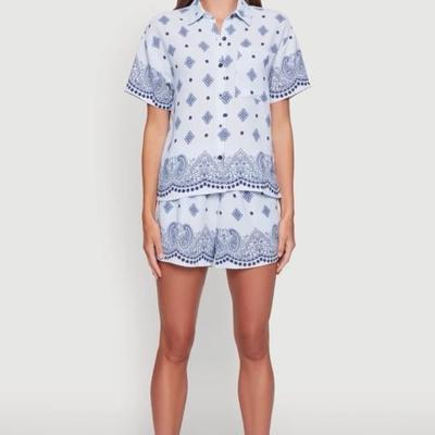 XL Two Piece Set Crepe Knit Bandana Print Shirt/Shorts - Blue