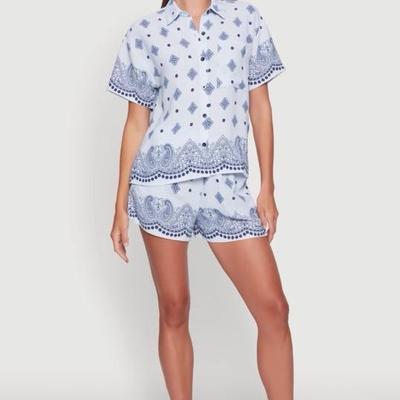 Large Two Piece Set Crepe Knit Bandana Print Shirt/Shorts - Blue