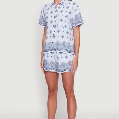 Large Two Piece Set Crepe Knit Bandana Print Shirt/Shorts - Blue