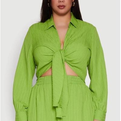 Plus Size Textured Knit Tie Front Crop Top - Green - 1X