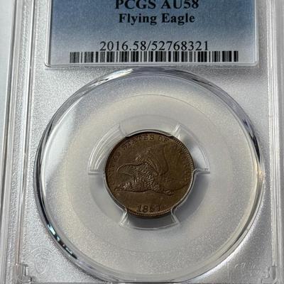 PCGS CERTIFIED 1857 AU58 FLYING EAGLE CENT AS PICTURED. (COIN #808).