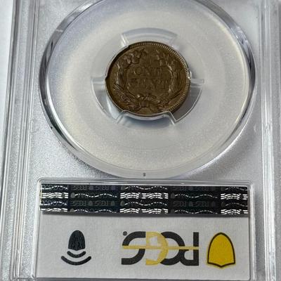 PCGS CERTIFIED 1857 AU58 FLYING EAGLE CENT AS PICTURED. (COIN #808).