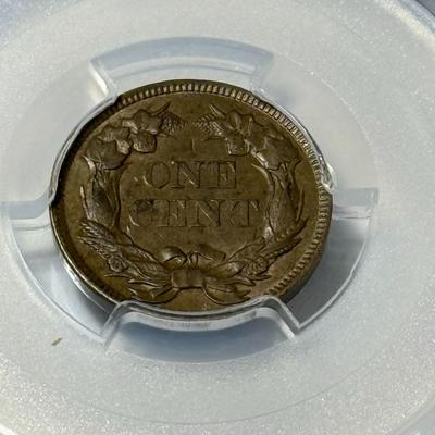 PCGS CERTIFIED 1857 AU58 FLYING EAGLE CENT AS PICTURED. (COIN #808).