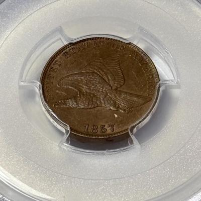 PCGS CERTIFIED 1857 AU58 FLYING EAGLE CENT AS PICTURED. (COIN #808).