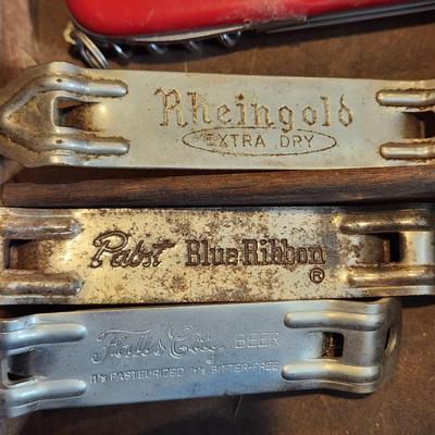 Lot Pocket Knives Bottle Can Openers in Shadow Box Printers Tray Coca-Cola, 7up, Buck , Swiss Army, Rheingold, Pabst, Falls City Beer