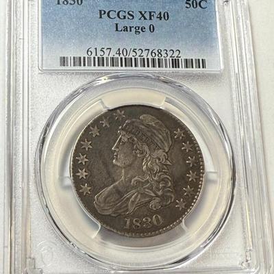 PCGS CERTIFIED 1830 LARGE "O" EF40 CONDITION CAPPED BUST SILVER HALF DOLLAR AS PICTURED.