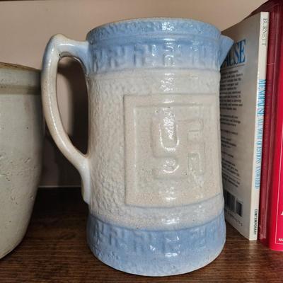 2 pieces Stoneware Pottery Good Fortune Pitcher , Crock Jar w Handle