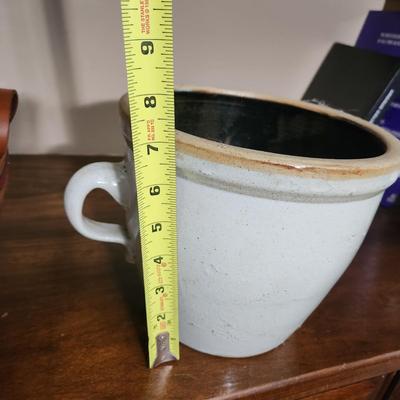 2 pieces Stoneware Pottery Good Fortune Pitcher , Crock Jar w Handle