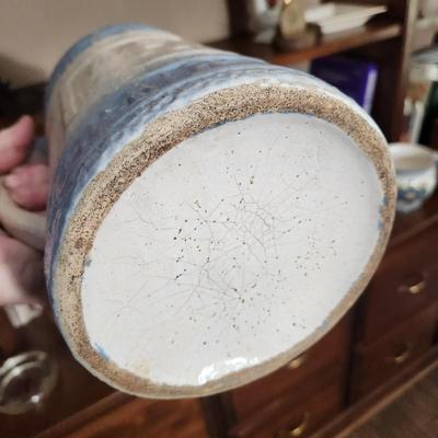2 pieces Stoneware Pottery Good Fortune Pitcher , Crock Jar w Handle