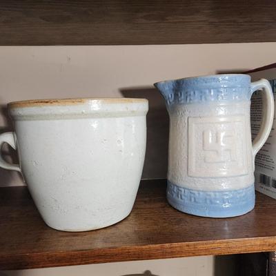 2 pieces Stoneware Pottery Good Fortune Pitcher , Crock Jar w Handle