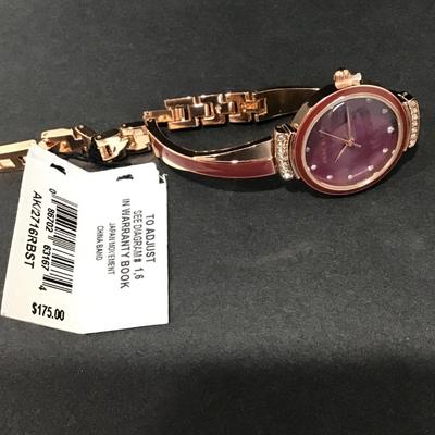 New Anne Klein Rose, gold, toned, and maroon, red enamel watch