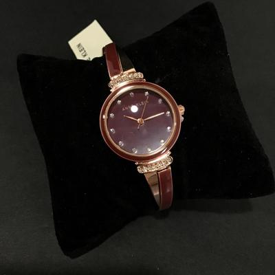 New Anne Klein Rose, gold, toned, and maroon, red enamel watch