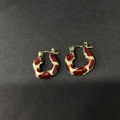 Vintage, gold, toned, brown enameled hoop earrings